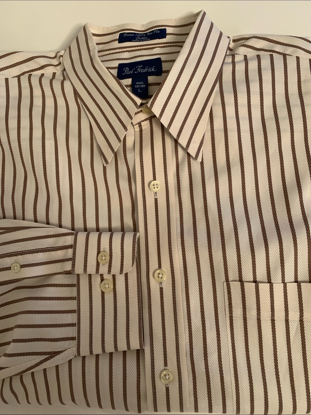 Paul Fredrick Cream Cotton Button-Up Shirt with Brown Stripes Size L